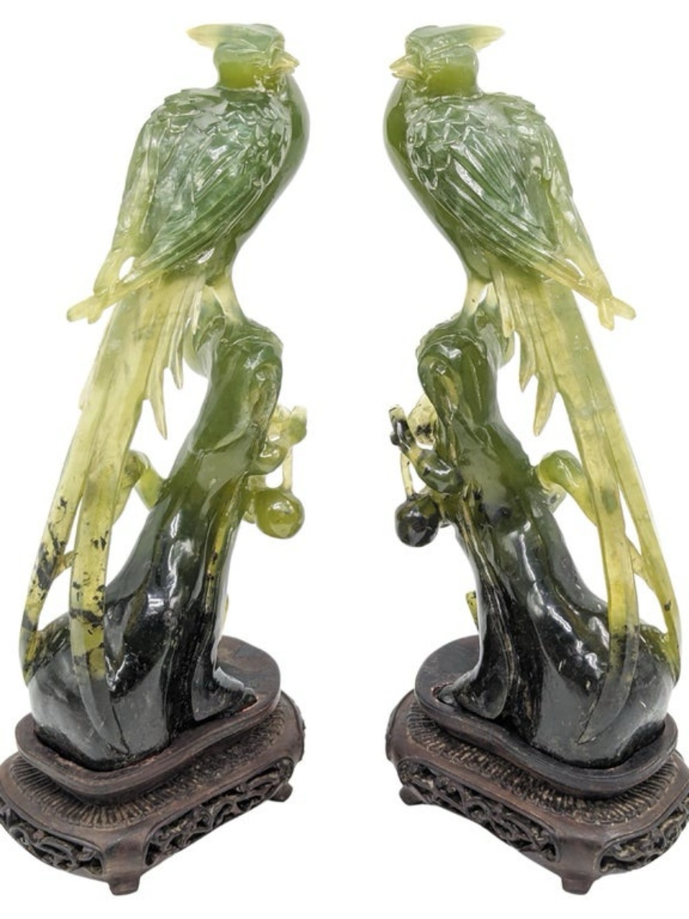 Pair of Magnificent Chinese Carved Jade Birds Of Prey On Wood Stands Early 20c